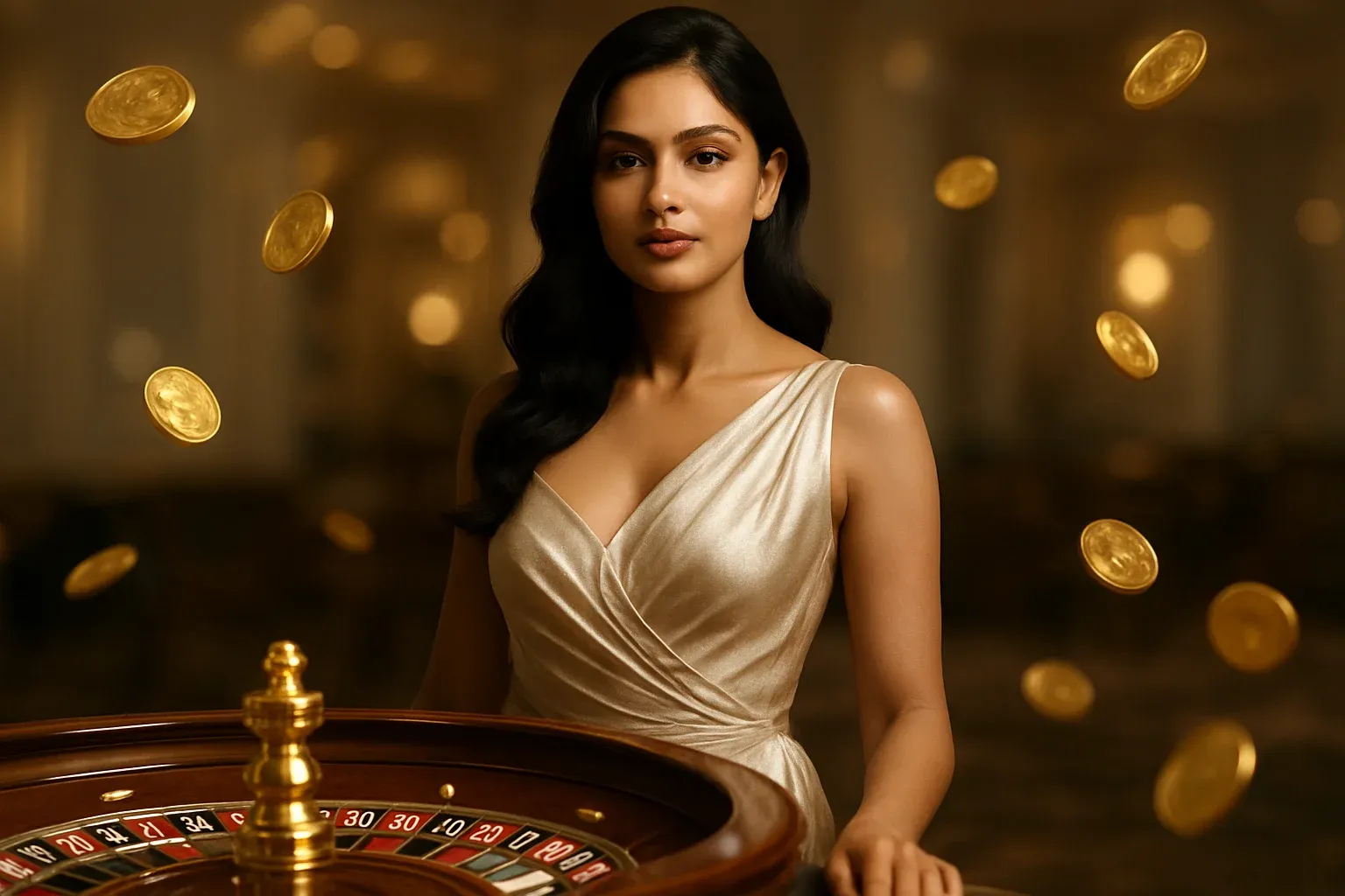 Beautiful Bangladeshi woman in elegant evening dress with luxury roulette and gold coins in bright casino setting