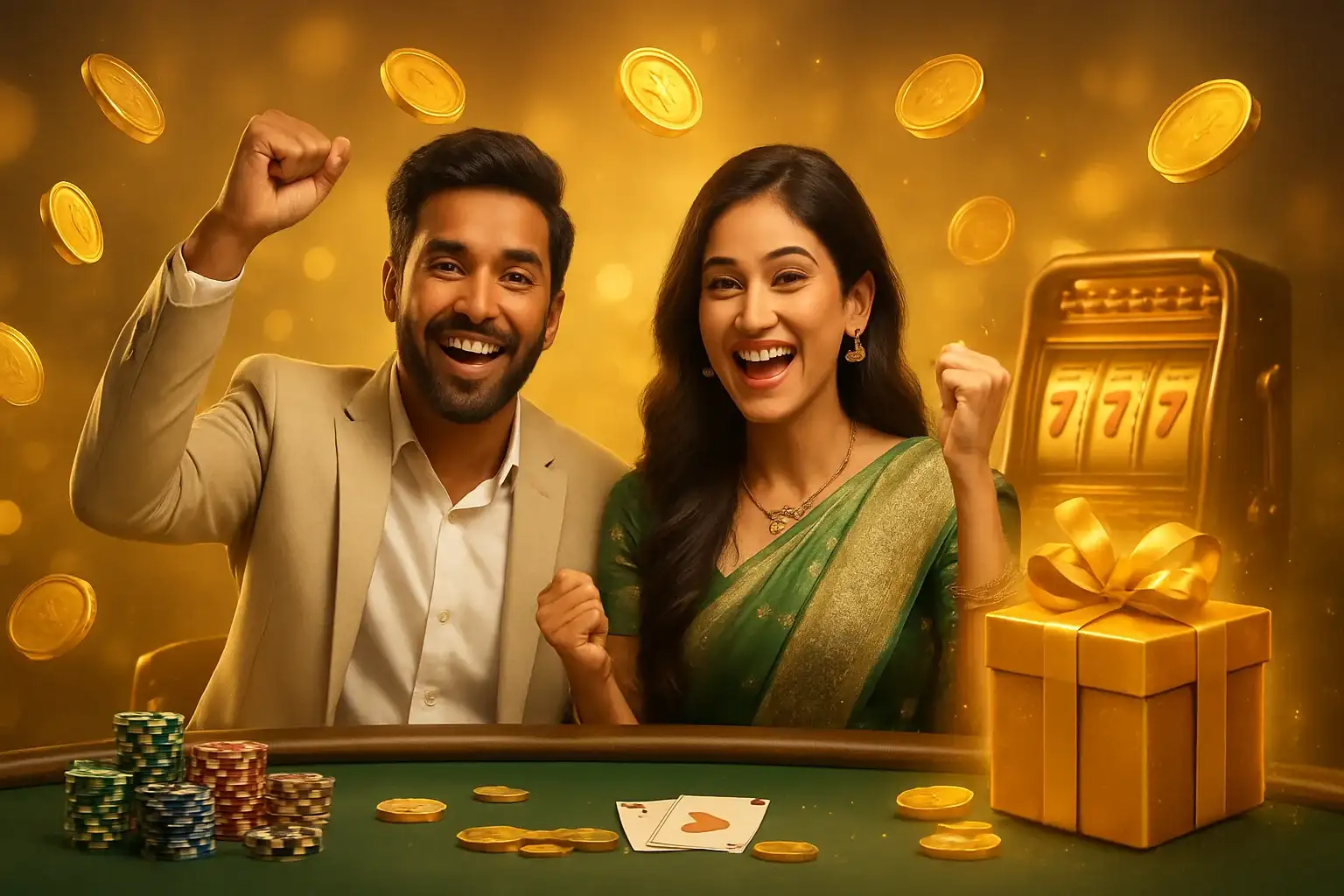 Happy South Asian couple celebrating at casino poker table with gold coins and chips